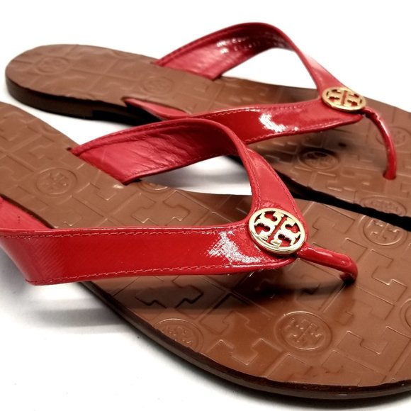 Tory Burch Red Patent Thora Thong Flats Sadals - Picture 2 of 7